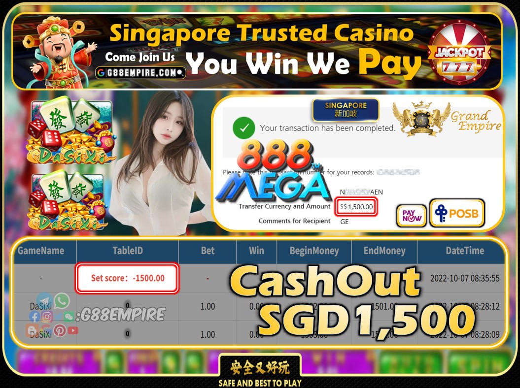 MEGA888 ~ DASIXI CASHOUT SGD1500 !!!