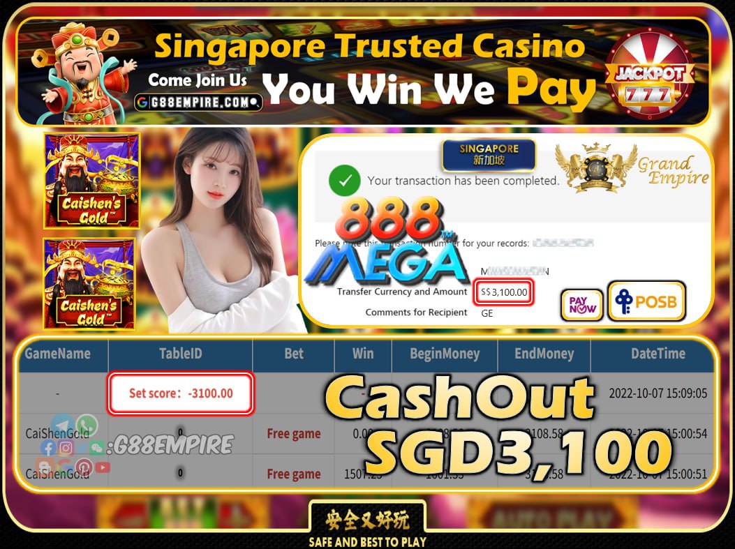 MEGA888 ~ CAISHENGOLD CASHOUT SGD3100 !!!