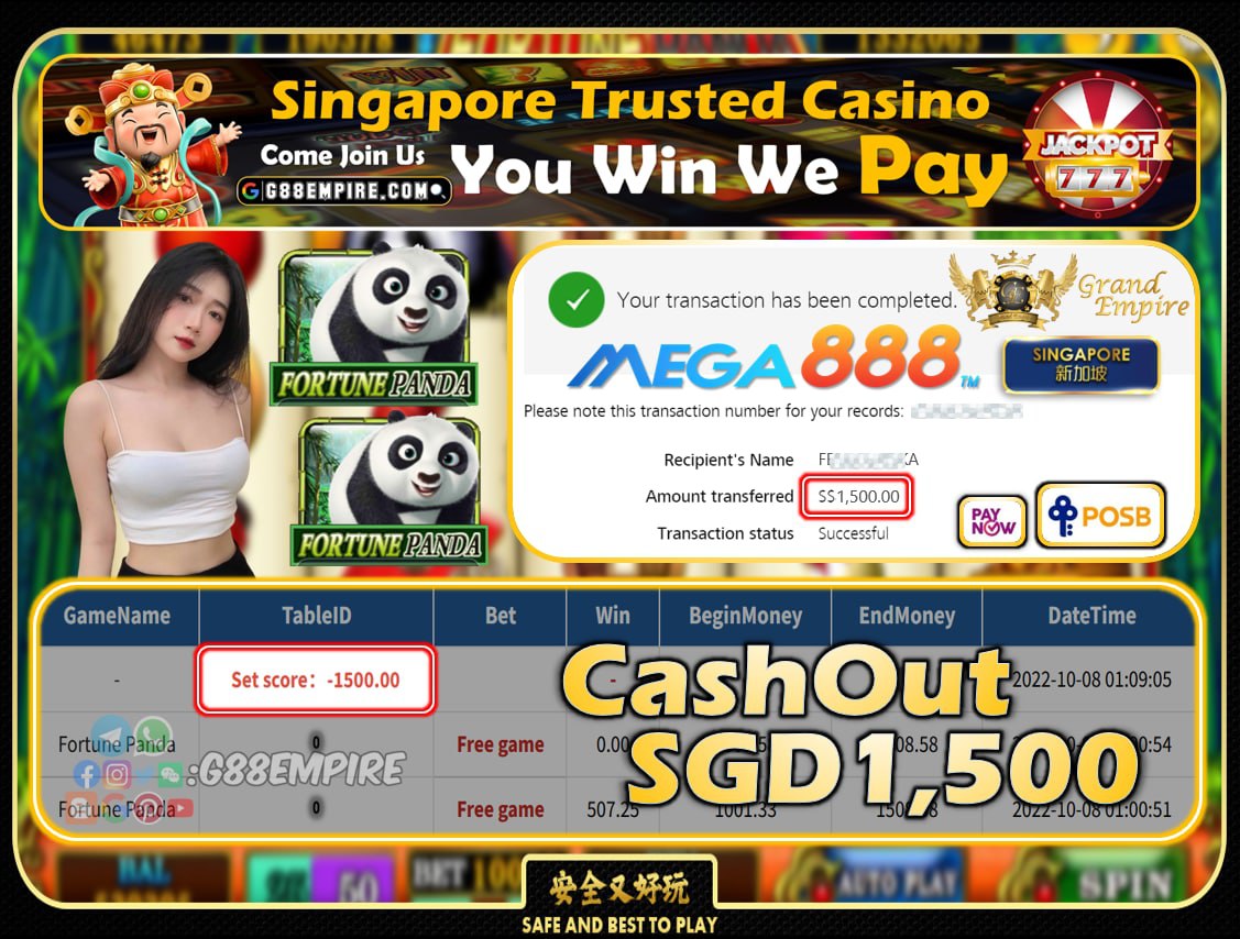 MEGA888 ~ FORTUNEPANDA CASHOUT SGD1500!!!