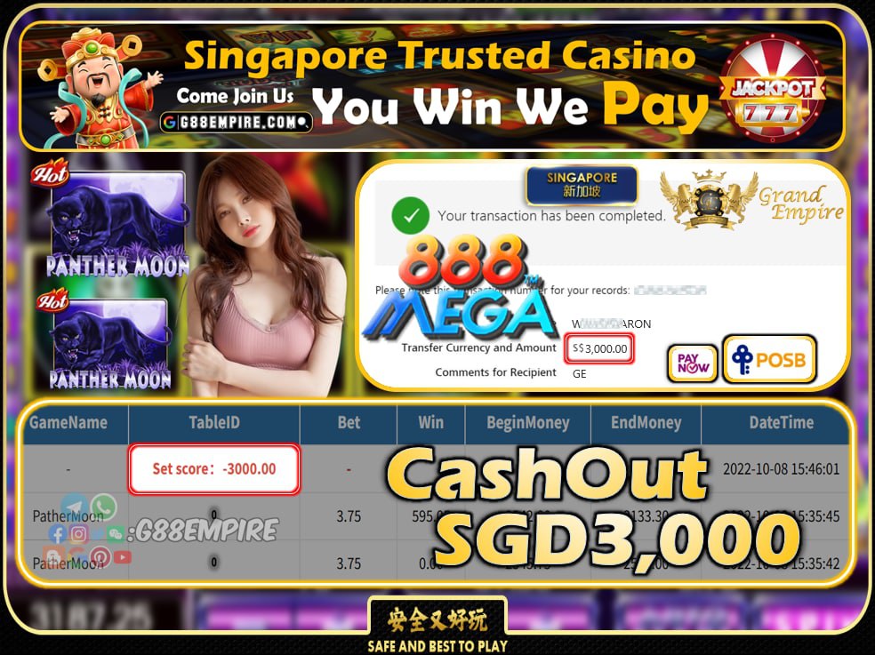 MEGA888 ~ PANTHERMOON CASHOUT SGD3000 !!!