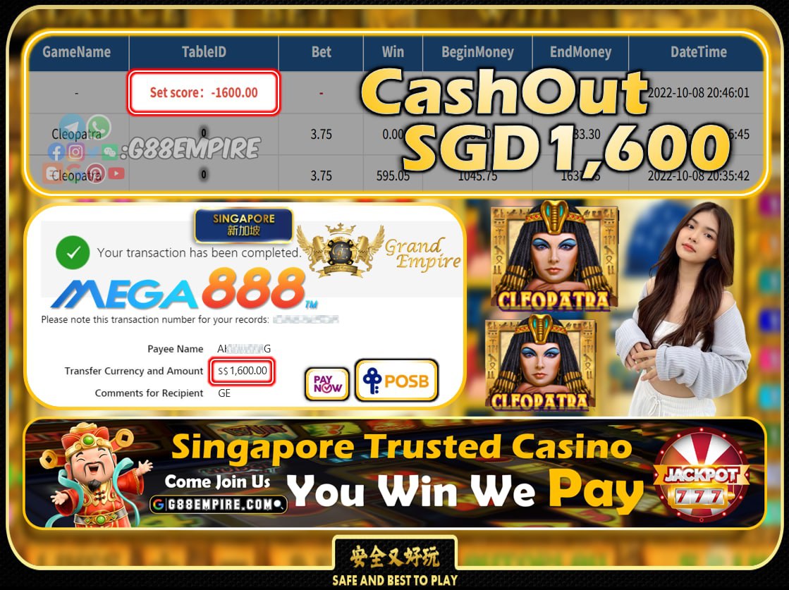 MEGA888 ~ CLEOPATRA CASHOUT SGD1600!!!