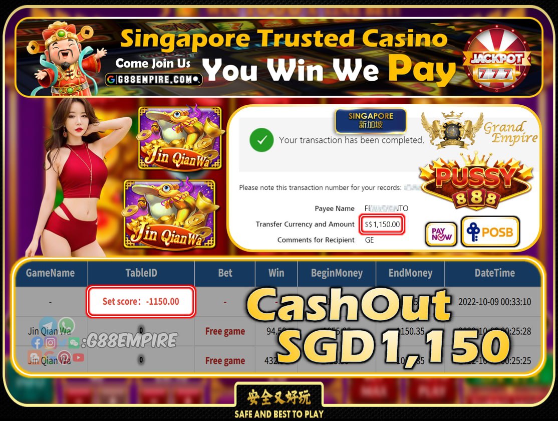 PUSSY888 ~ JINQIANWA CASHOUT SGD1150!!!