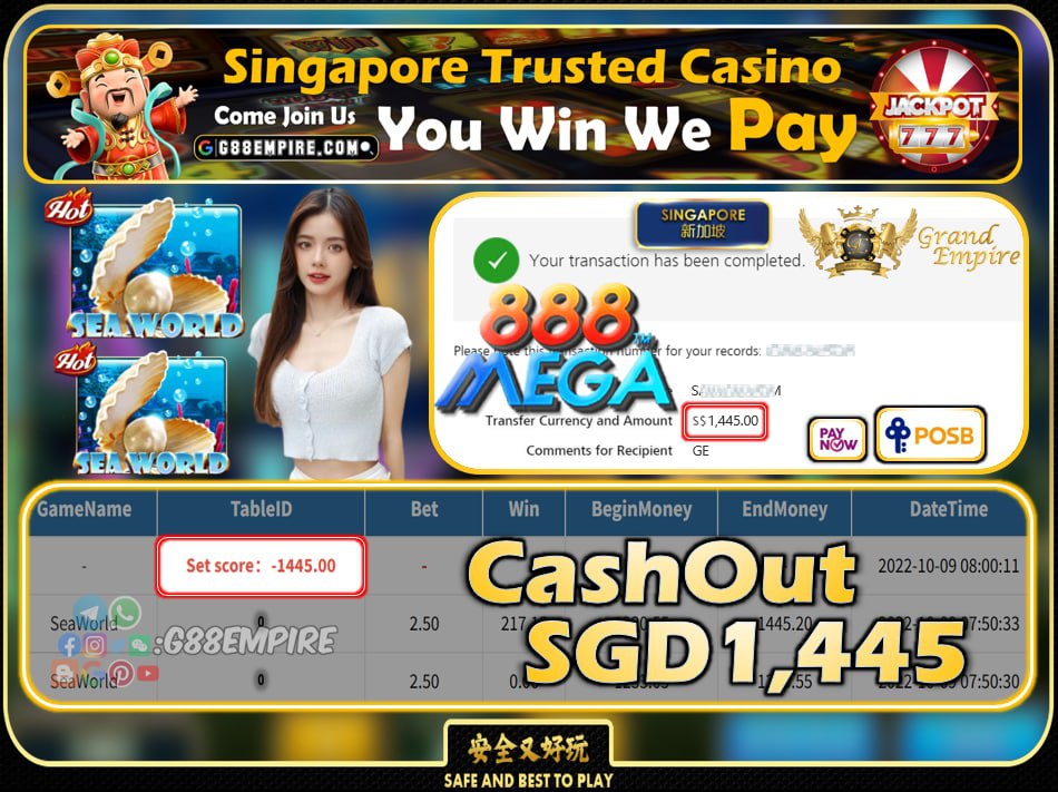 MEGA888 ~ SEAWORLD CASHOUT SGD1445 !!!