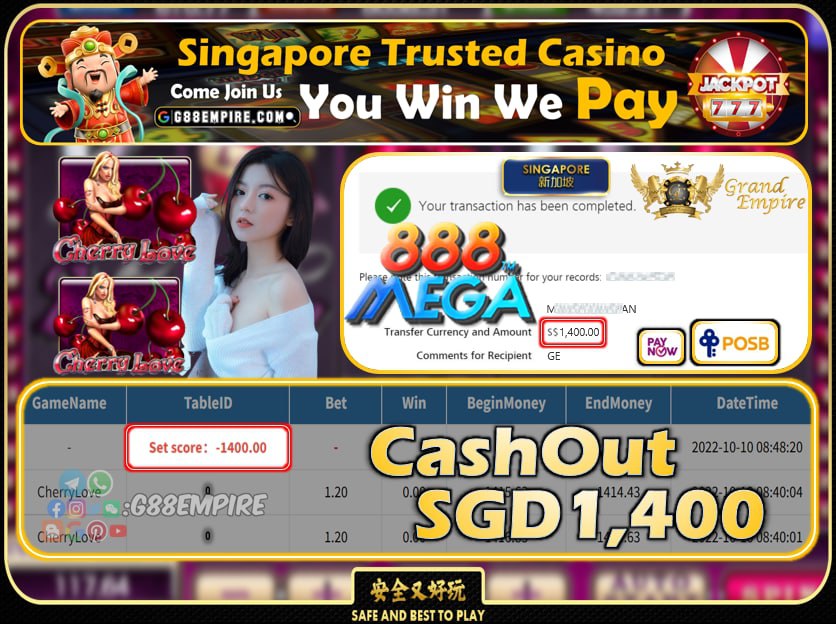 MEGA888 ~ CHERRYLOVE CASHOUT SGD1400 !!!