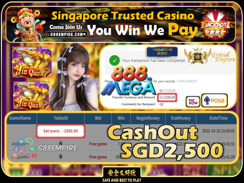 MEGA888 ~ JINQIANWA CASHOUT SGD2500 !!!