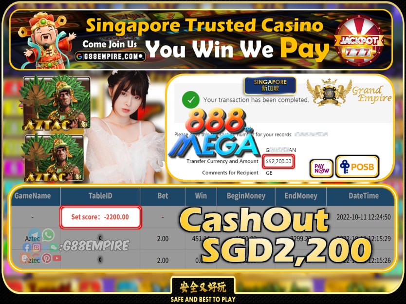 MEGA888 ~ AZTEC CASHOUT SGD2200 !!!