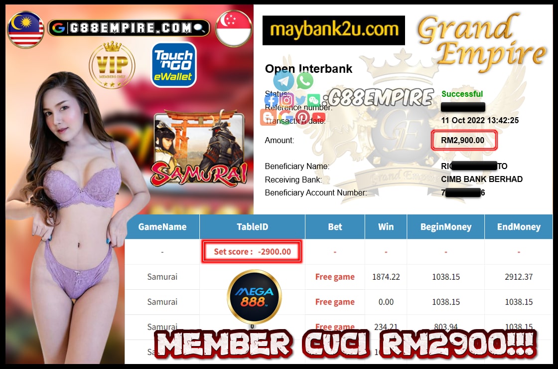 MEGA888 SAMURAI CUCI RM2900!