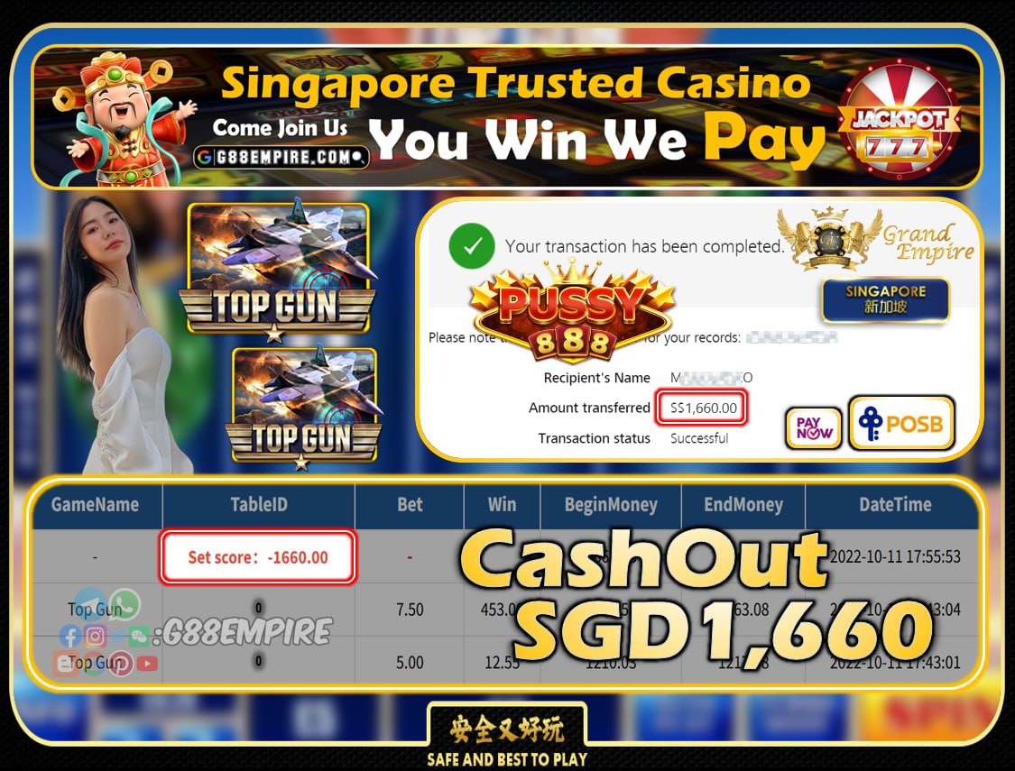 PUSSY888 ~ TOPGUN CASHOUT  SGD1660!!!