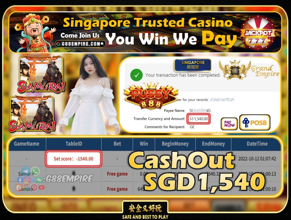 PUSSY888 ~ SAMURAI CASHOUT SGD1540!!!