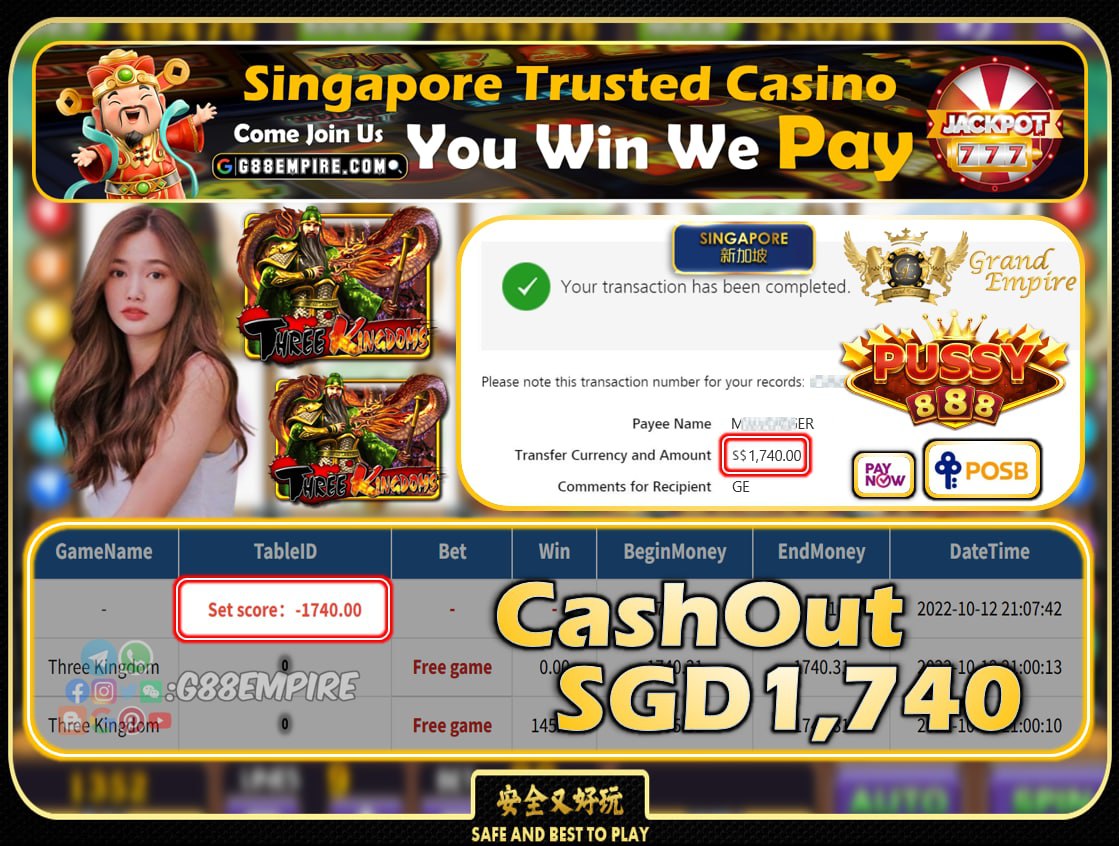 PUSSY888 ~ THREEKINGDOM CASHOUT SGD1740!!!