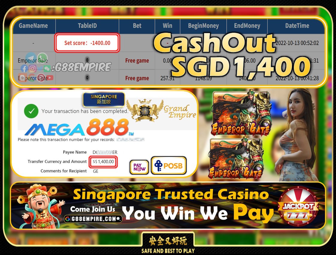 MEGA888 ~ EMPERORGATE CASHOUT SGD1400!!!