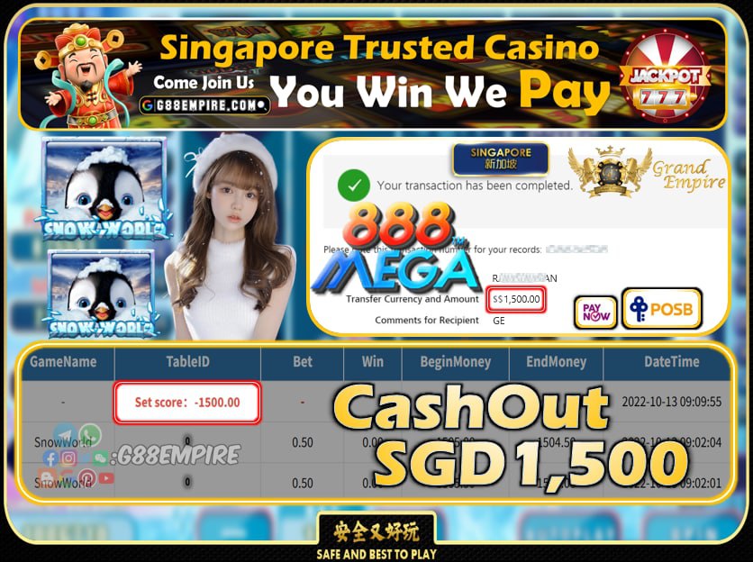 MEGA888 ~ SNOWWORLD CASHOUT SGD1500 !!!