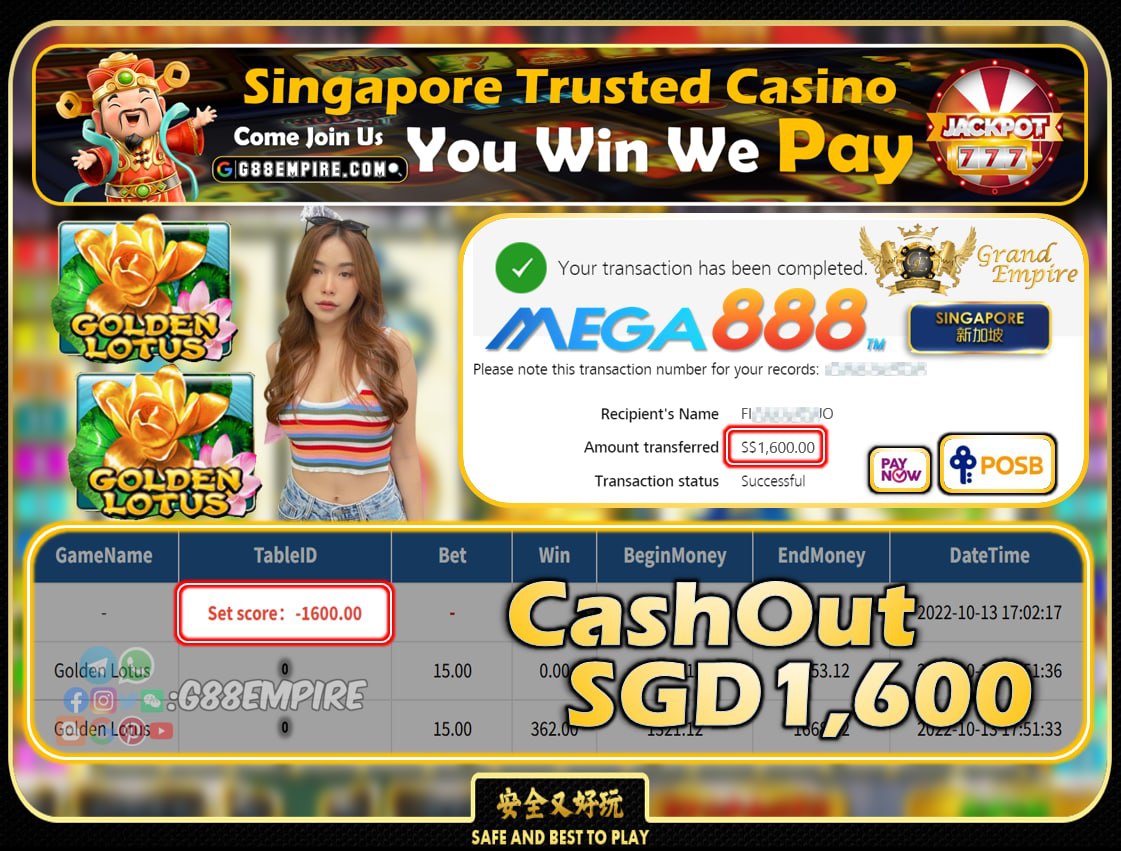 MEGA888 ~ GOLDENLOTUS CASHOUT SGD1600!!!