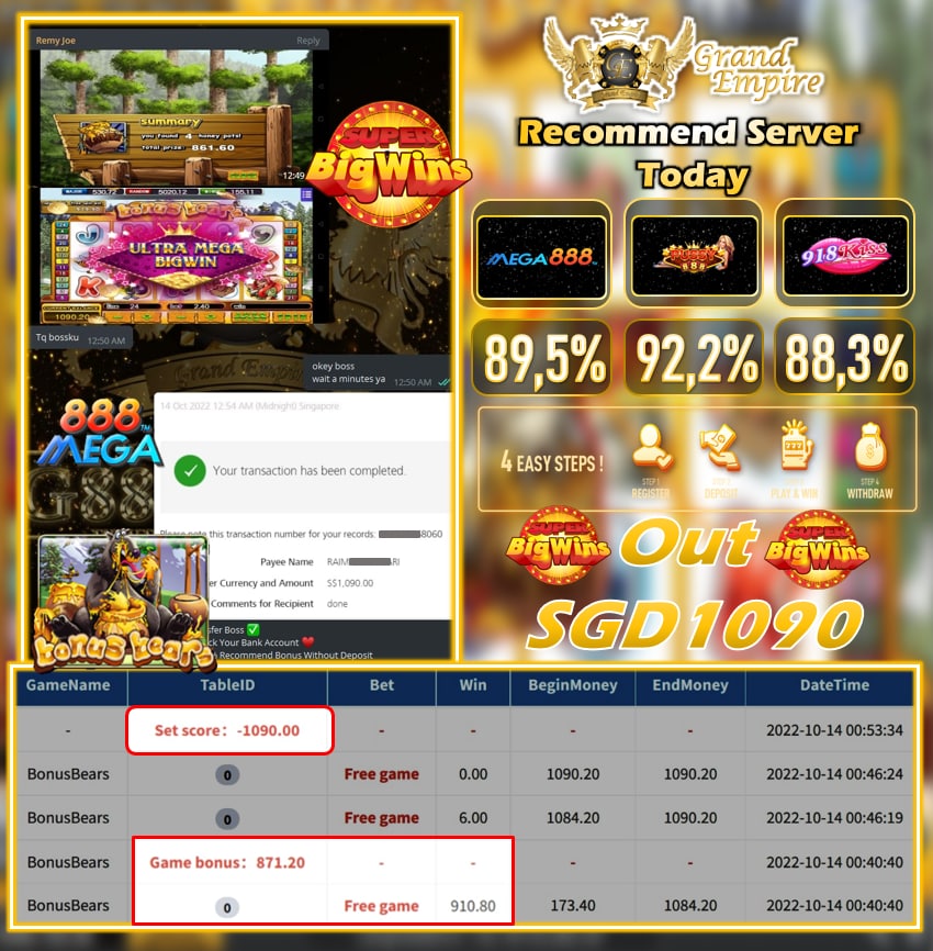 MEGA888  ~ BONUS BEAR CASHOUT SGD1,090!!