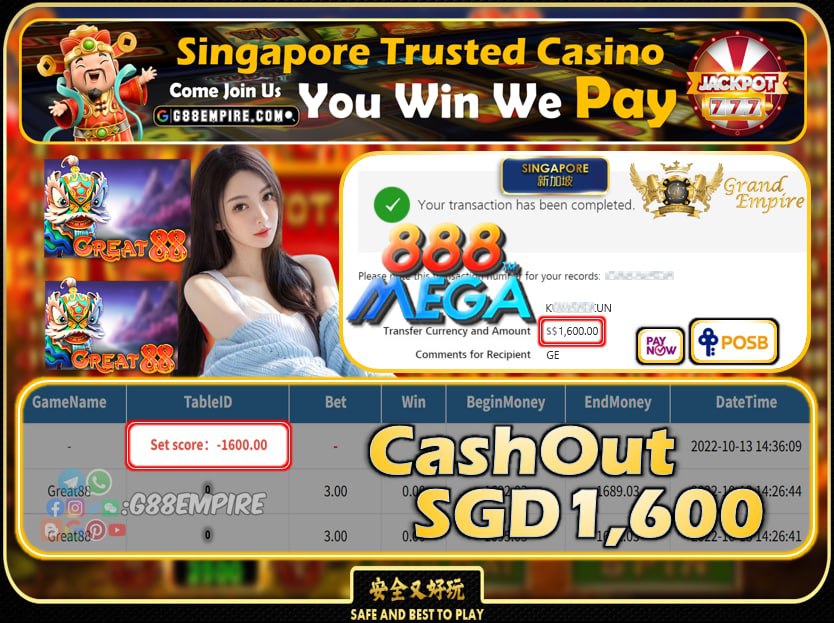 MEGA888 ~ GREAT88 CASHOUT SGD1600 !!!