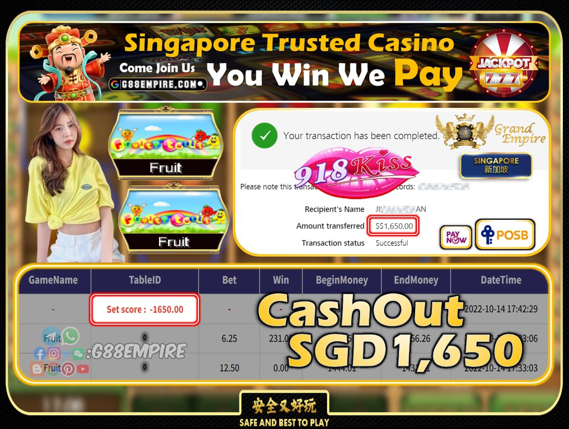 918KISS ~ FRUIT CASHOUT SGD1650!!!