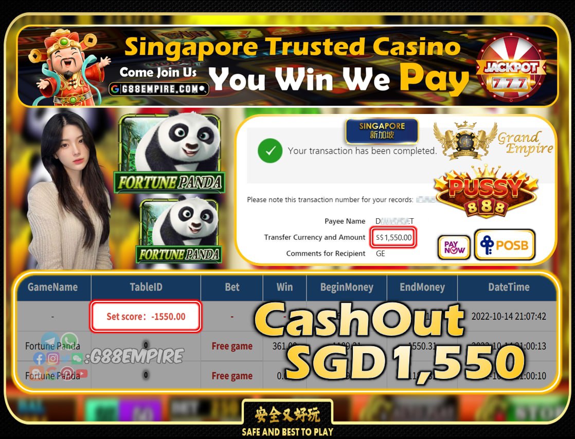 PUSSY888 ~ FORTUNEPANDA CASHOUT SGD1550!!!