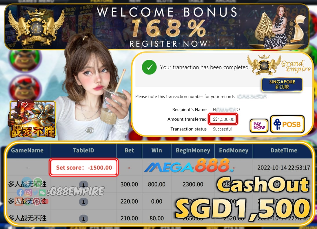 MEGA888 ~ 多人战无不胜 CASHOUT SGD1500!!!