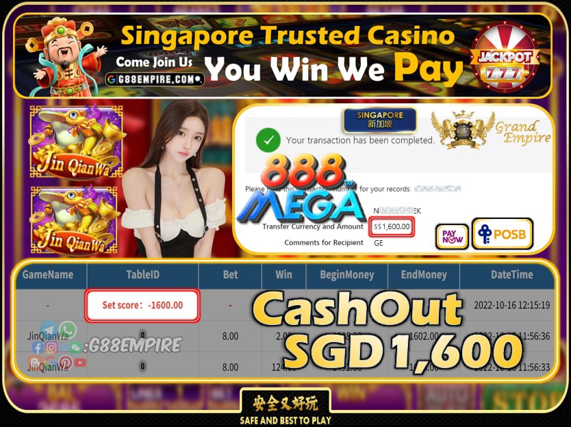 MEGA888 ~ JINQIANWA CASHOUT SGD1600 !!!