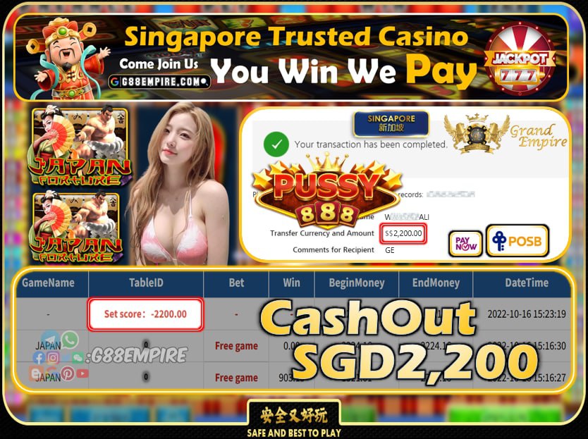 PUSSY888 ~ JAPAN CASHOUT SGD2200 !!!