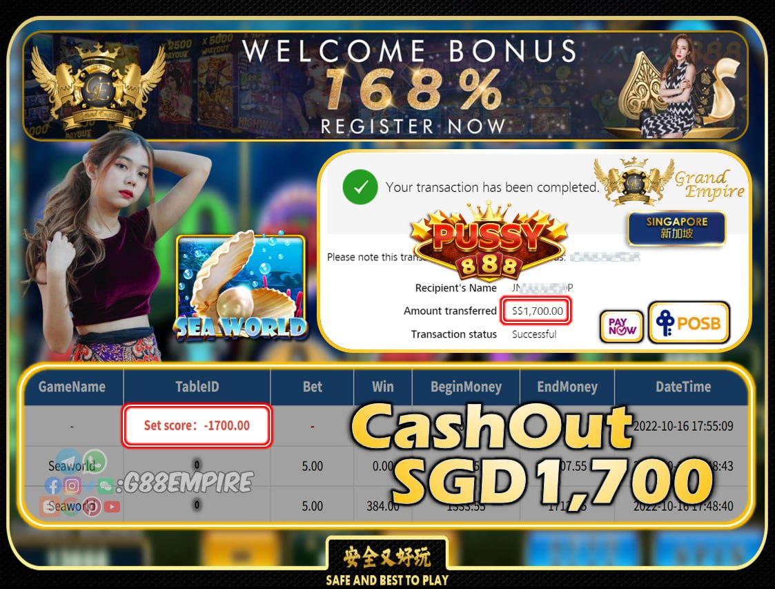 PUSSY888 ~ SEAWORLD CASHOUT SGD1700!!!