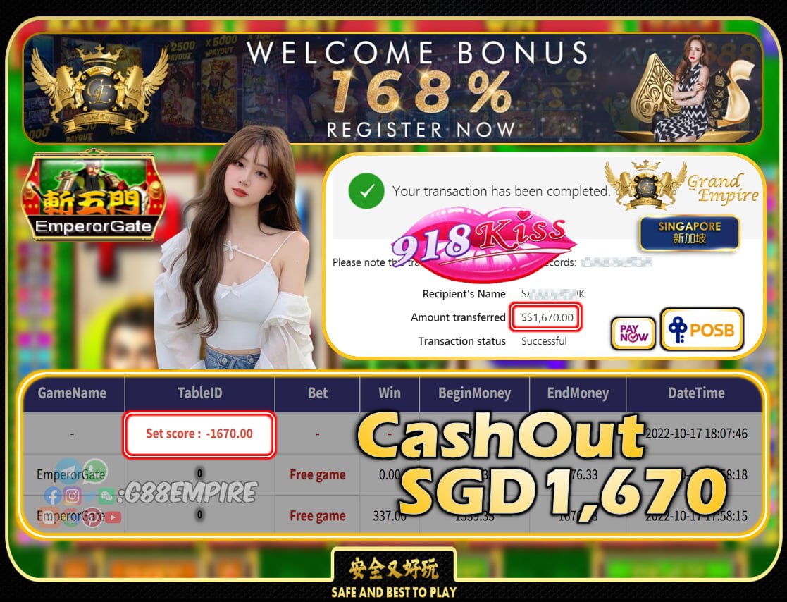 918KISS ~ EMPERORGATE CASHOUT SGD1670!!!