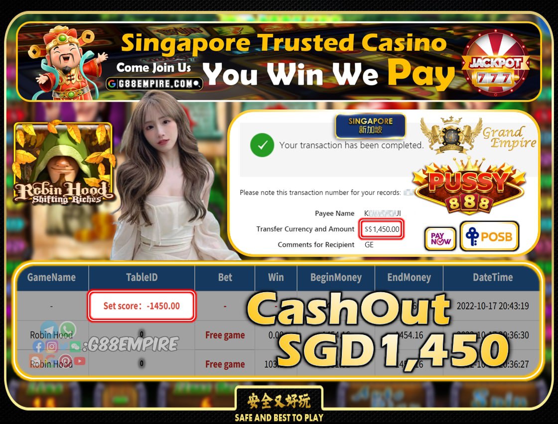 PUSSY888 ~ ROBINHOOD CASHOUT SGD1450!!!