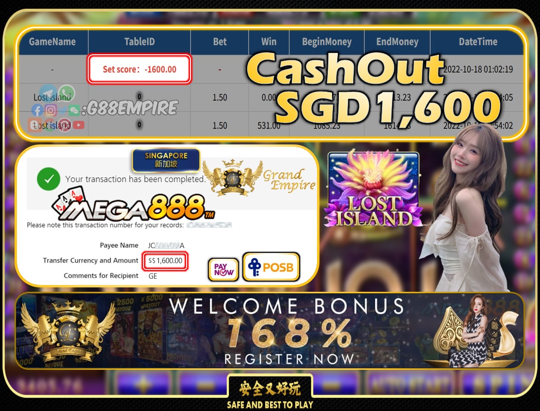 MEGA888 ~ LOSTISLAND CASHOUT SGD1600!!!