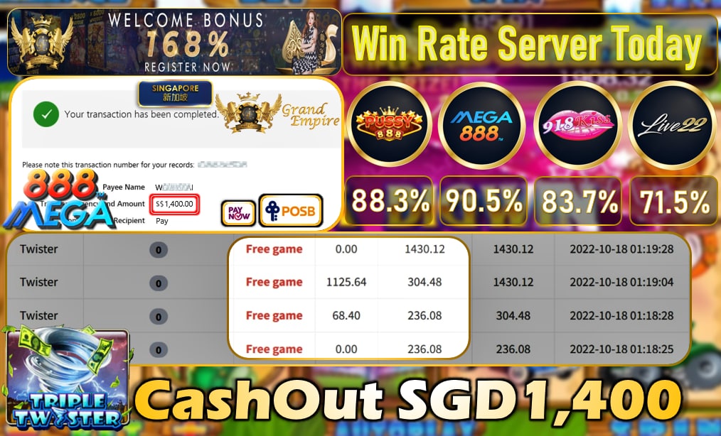 MEGA888 ~ TWISTER CASHOUT SGD1400!!!