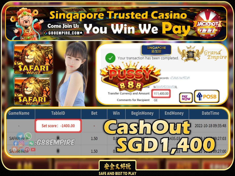 PUSSY888 ~ SAFARI HEAT CASHOUT SGD1400 !!!