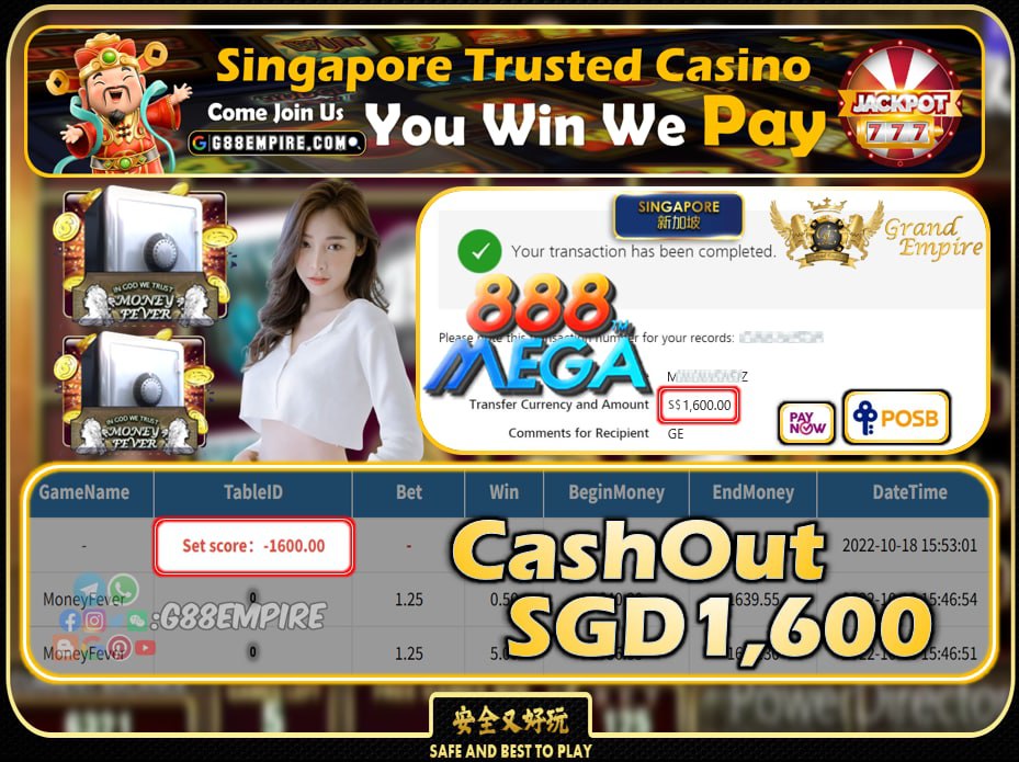 MEGA888 ~   MONEYFEVER CASHOUT SGD1600 !!!