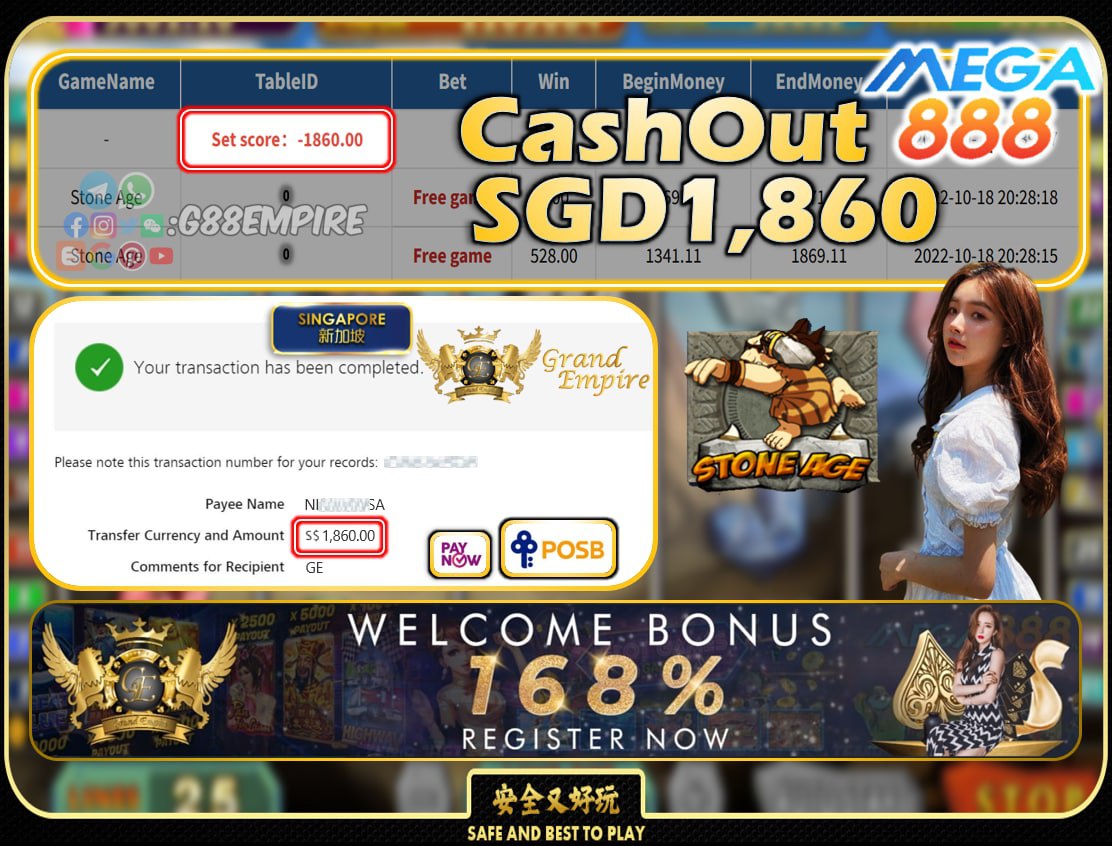 MEGA888 ~ STONEAGE CASHOUT SGD1860!!!