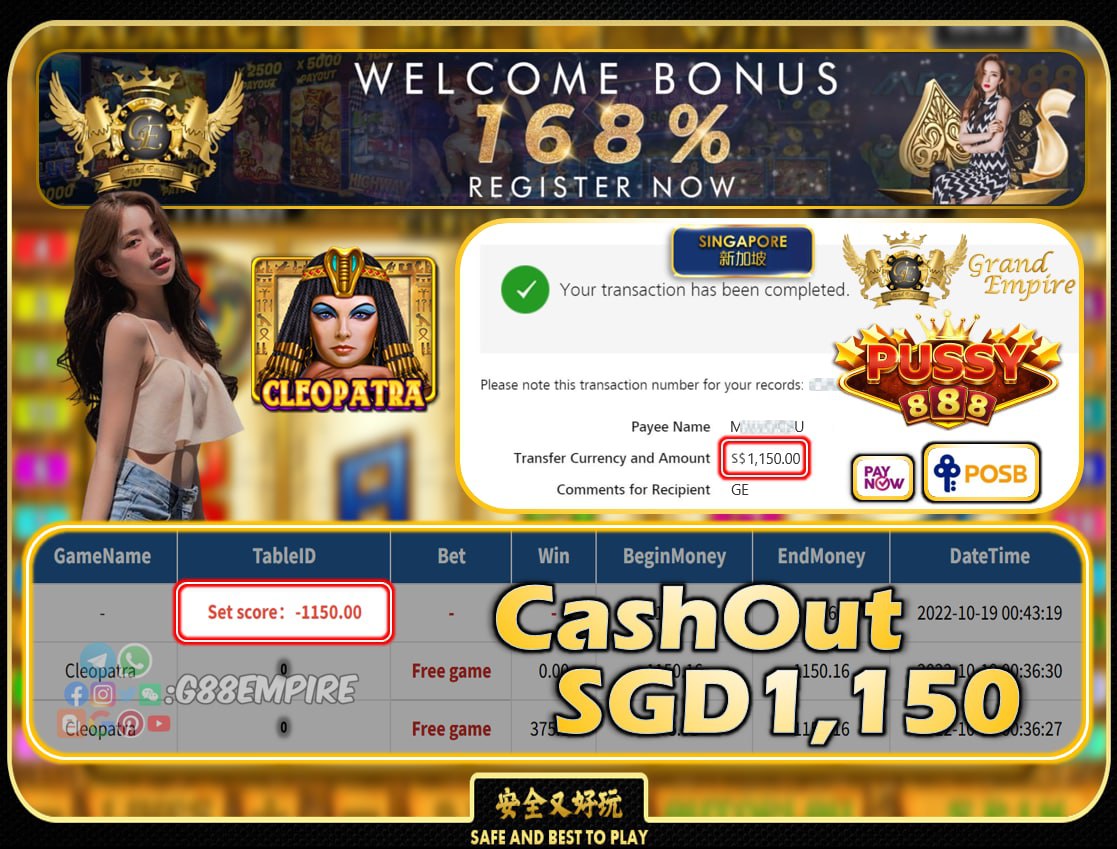 PUSSY888 ~ CLEOPATRA CASHOUT SGD1150!!!