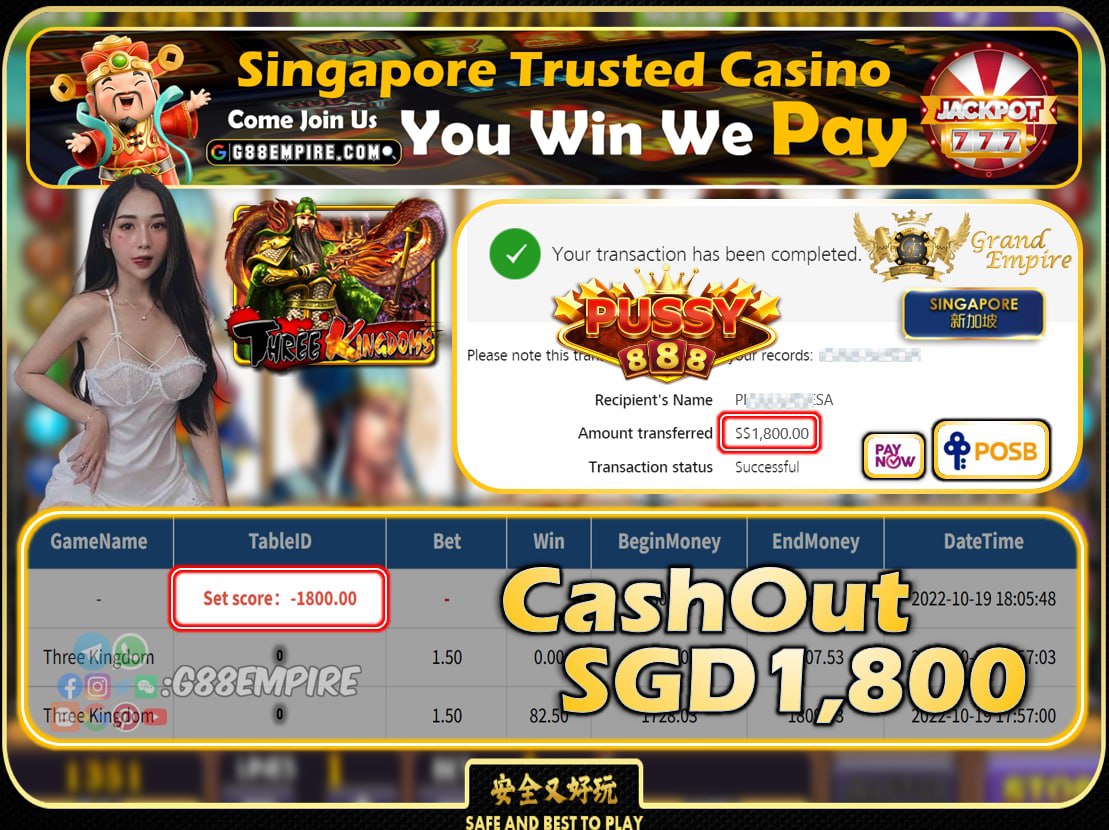 PUSSY888 ~ THREEKINGDOM CASHOUT SGD1800!!!