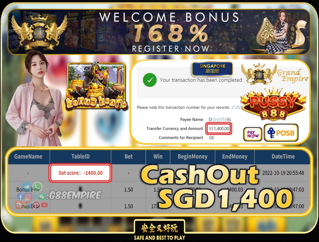 PUSSY888 ~ BONUSBEARS CASHOUT SGD1400!!!