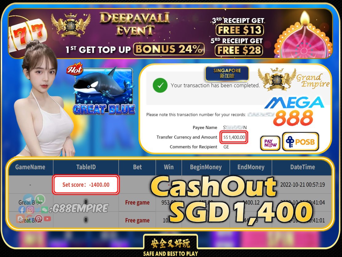 MEGA888 ~ GREATBLUE CASHOUT SGD1400!!