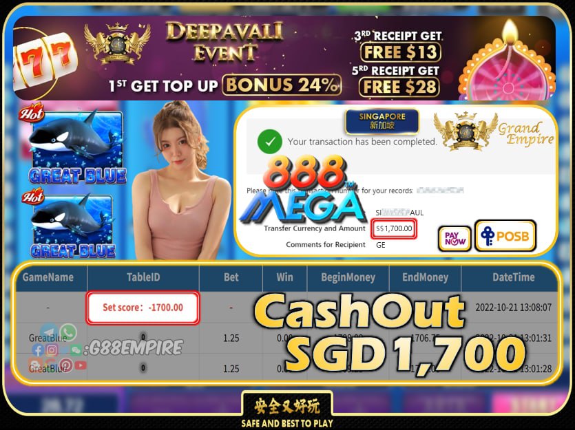 MEGA888 ~ GREATBLUE CASHOUT SGD1700 !!!