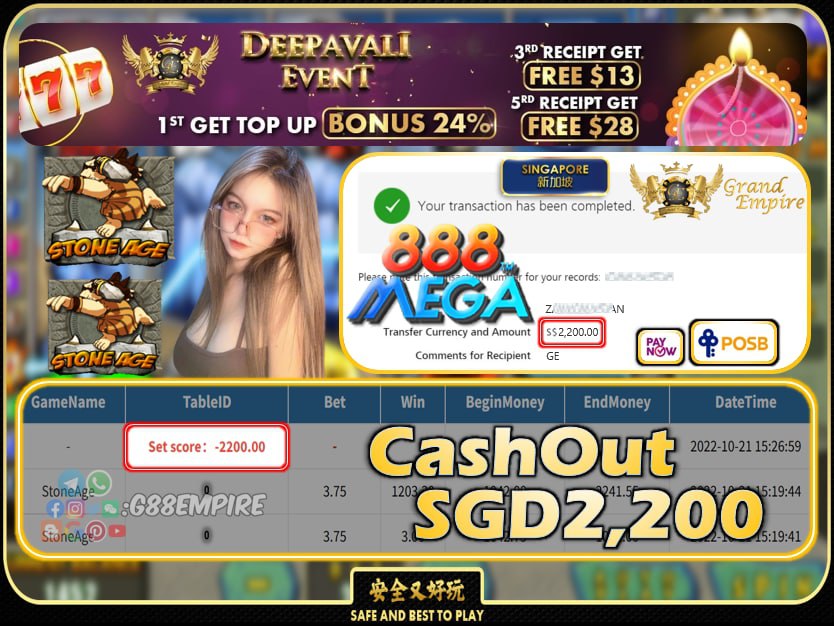 MEGA888 ~ STONEAGE CASHOUT SGD2200 !!!