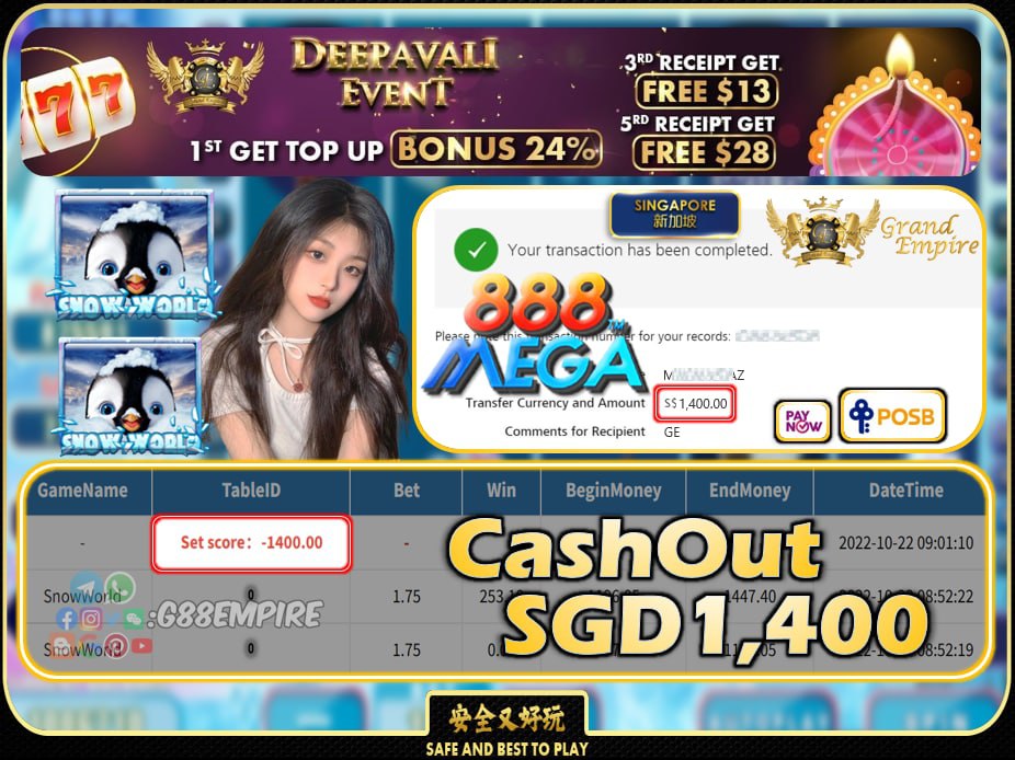 MEGA888 ~ SNOWWORLD CASHOUT SGD1400 !!!