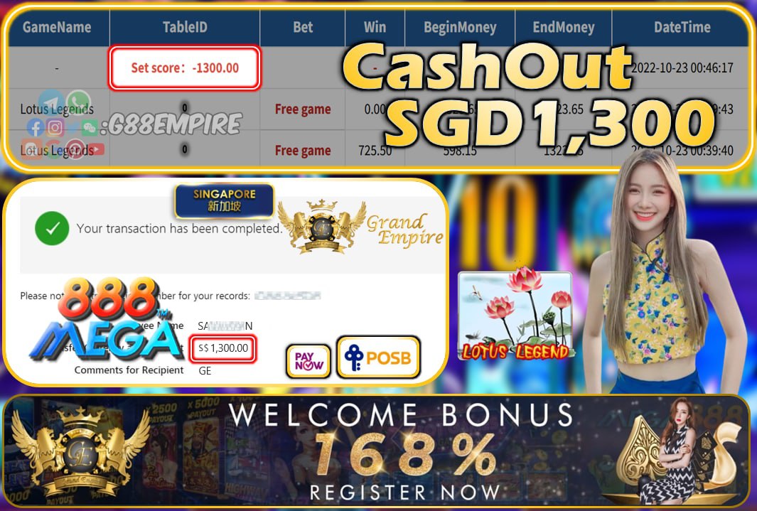 MEGA888 ~ LOTUSLEGENDS CASHOUT SGD1300!!!