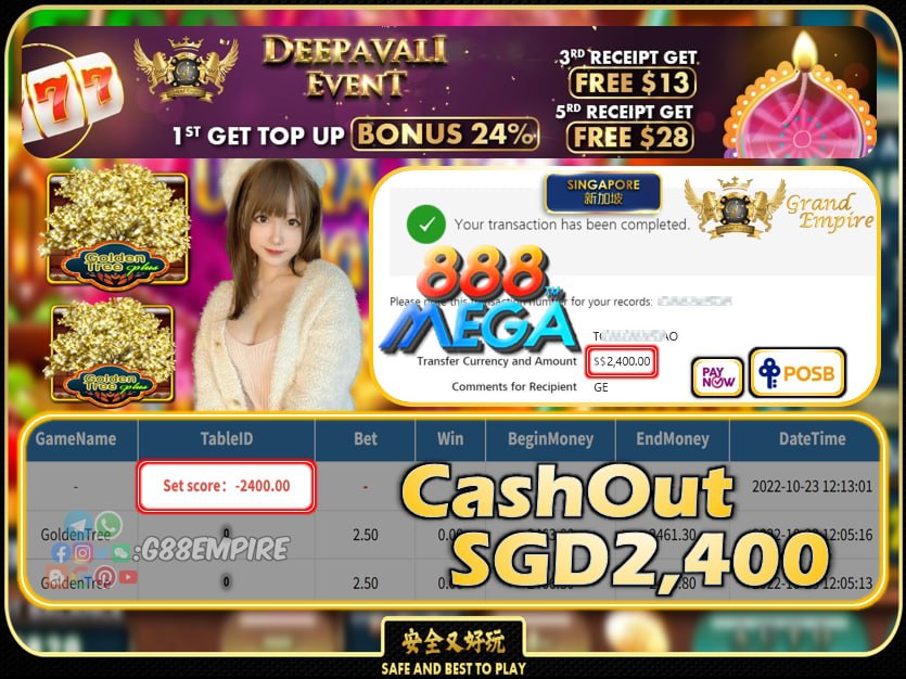 MEGA888 ~ GOLDENTREE CASHOUT SGD2400 !!!