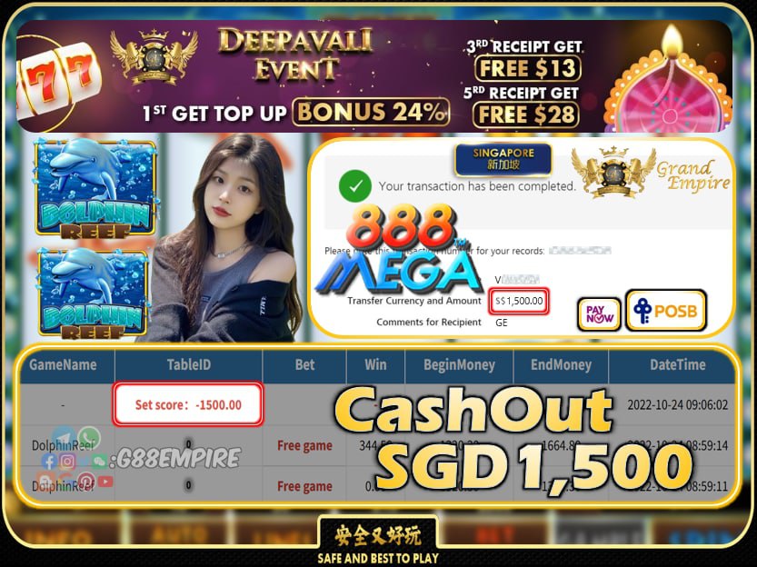 MEGA888 ~ DOLPHINREEF CASHOUT SGD1500 !!!