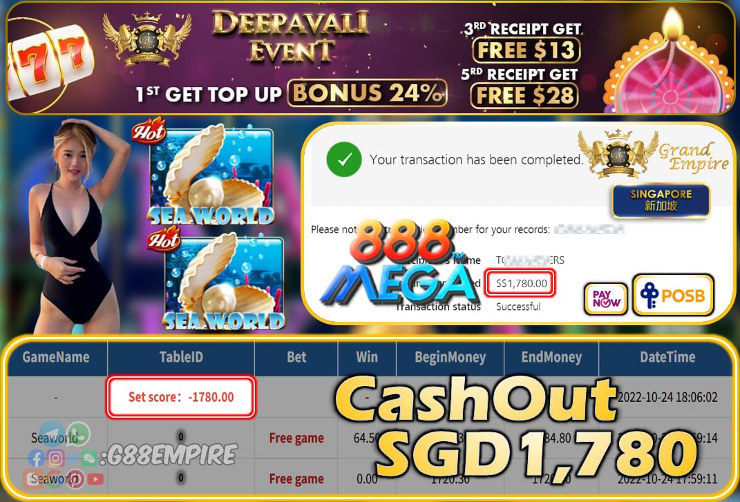 MEGA888 ~ SEASWORLD CASHOUT SGD1780!!!