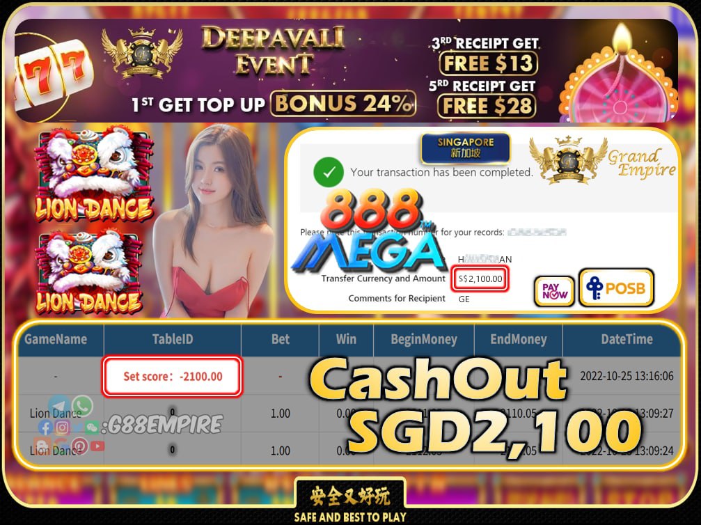 MEGA888 ~  LION DANCE CASHOUT SGD2100 !!!