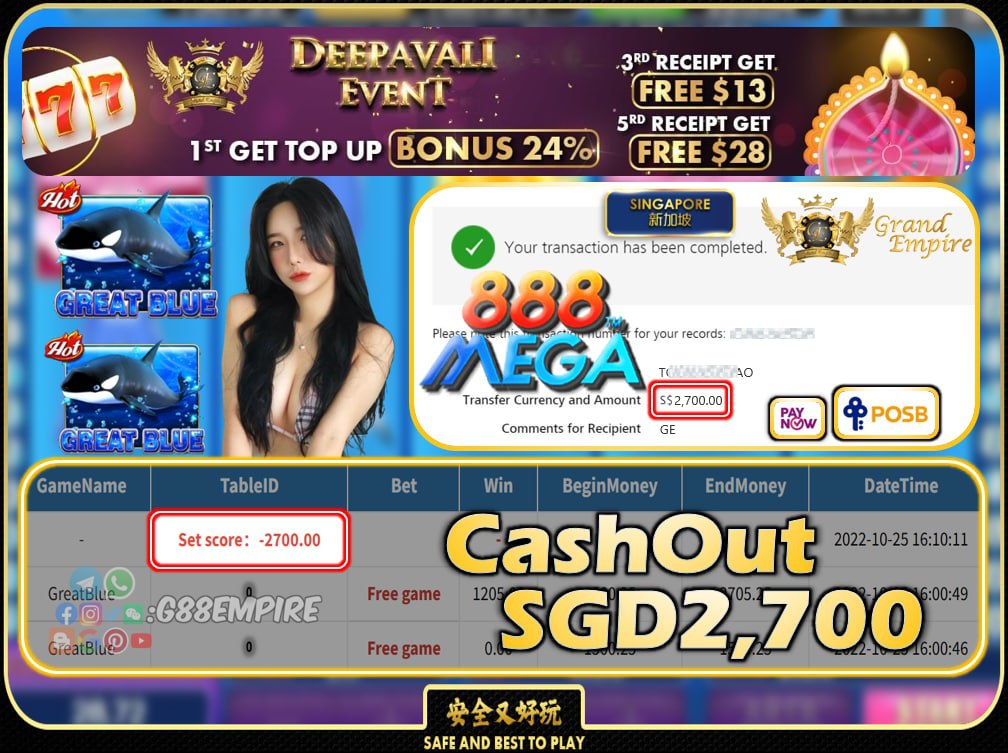 MEGA888 ~ GREATBLUE CASHOUT SGD2700 !!!