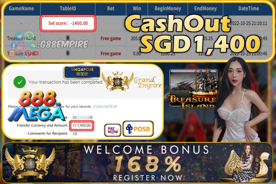 MEGA888 ~ TREASUREISLAND CASHOUT SGD1400!!!