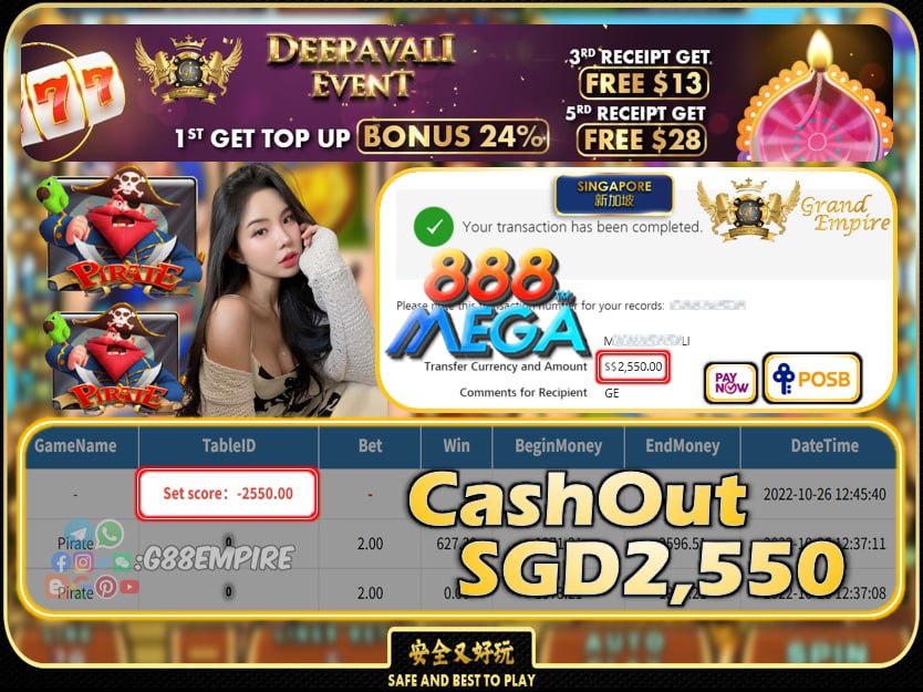 MEGA888 ~ PIRATE CASHOUT SGD2550 !!!