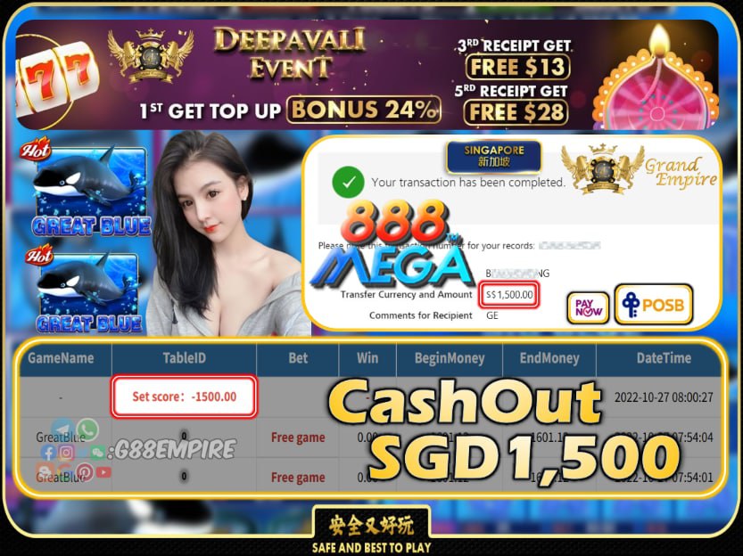 MEGA888 ~ GREATBLUE CASHOUT SGD1500 !!!