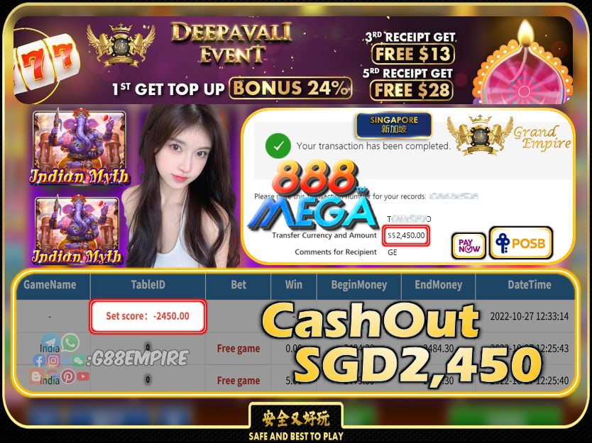 MEGA888 ~ INDIA CASHOUT SGD2450 !!!