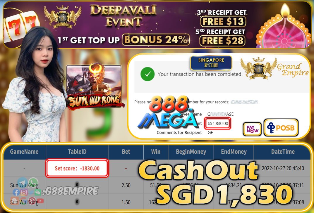 MEGA888 ~ SUN WU KONG CASH OUT SGD1830!!!